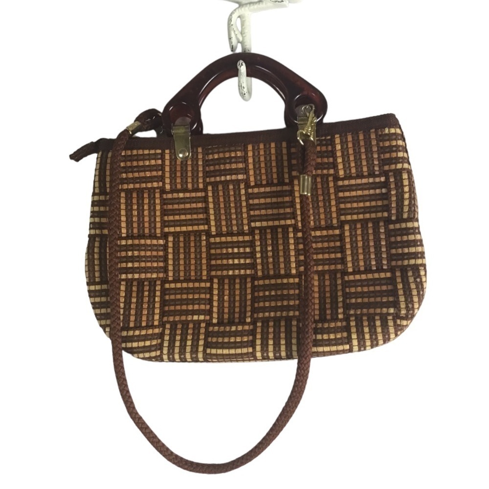 Vintage Brown Woven Crossbody Bag with Tortoiseshell Handle - Picture 2 of 12